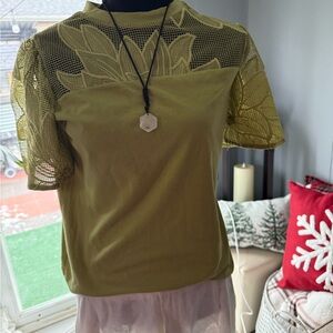 Elegant Olive Green Mesh Sleeve Top